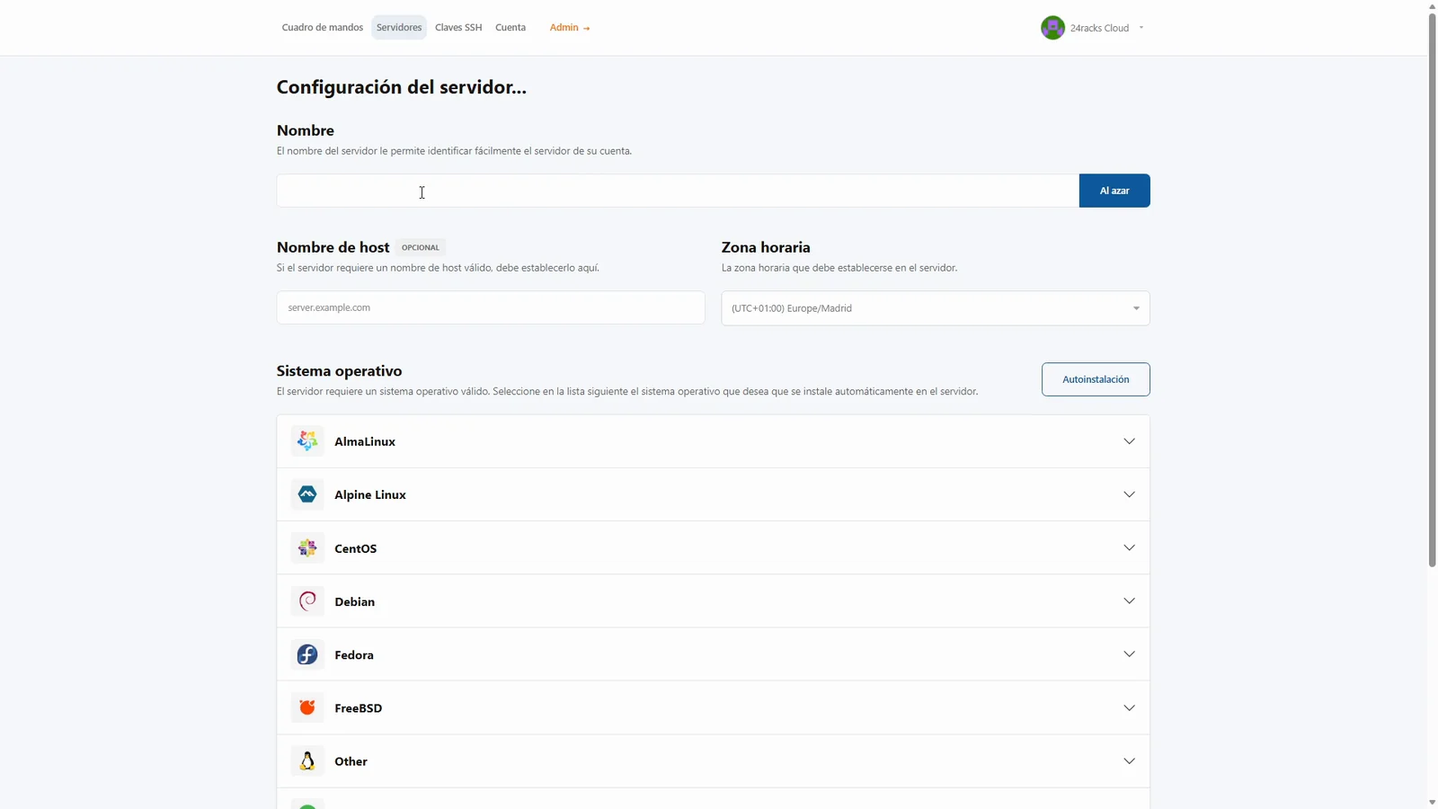 Paso 1: configuración del servidor con nombre, hostname, zona horaria y la lista de sistemas operativos disponibles