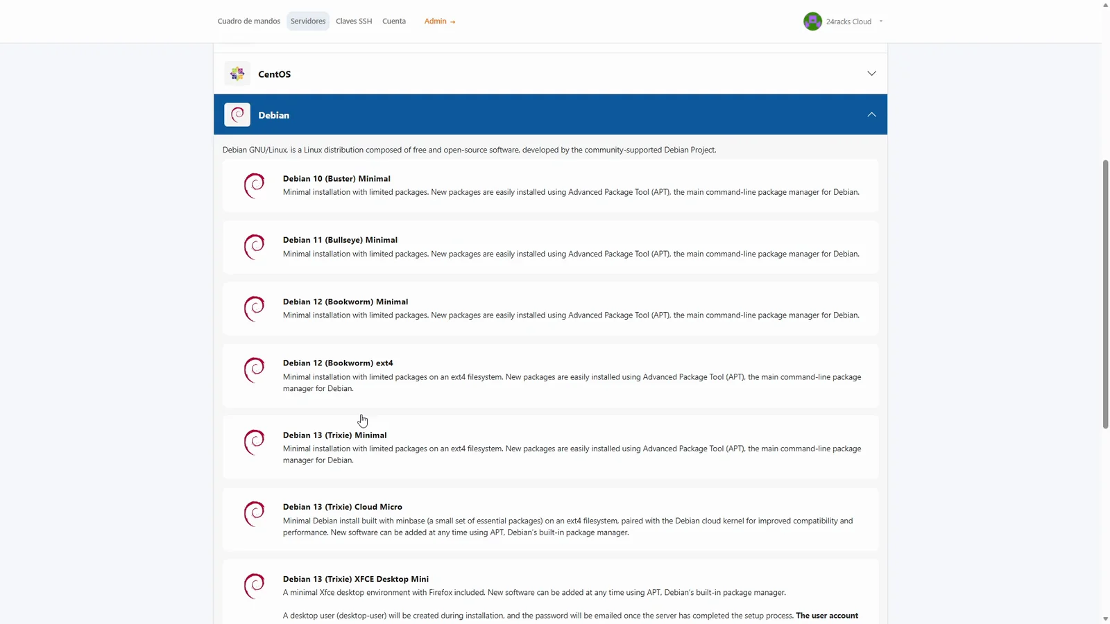 Paso 2: Debian expandido mostrando sus versiones (Buster, Bullseye, Bookworm, Trixie) con descripciones