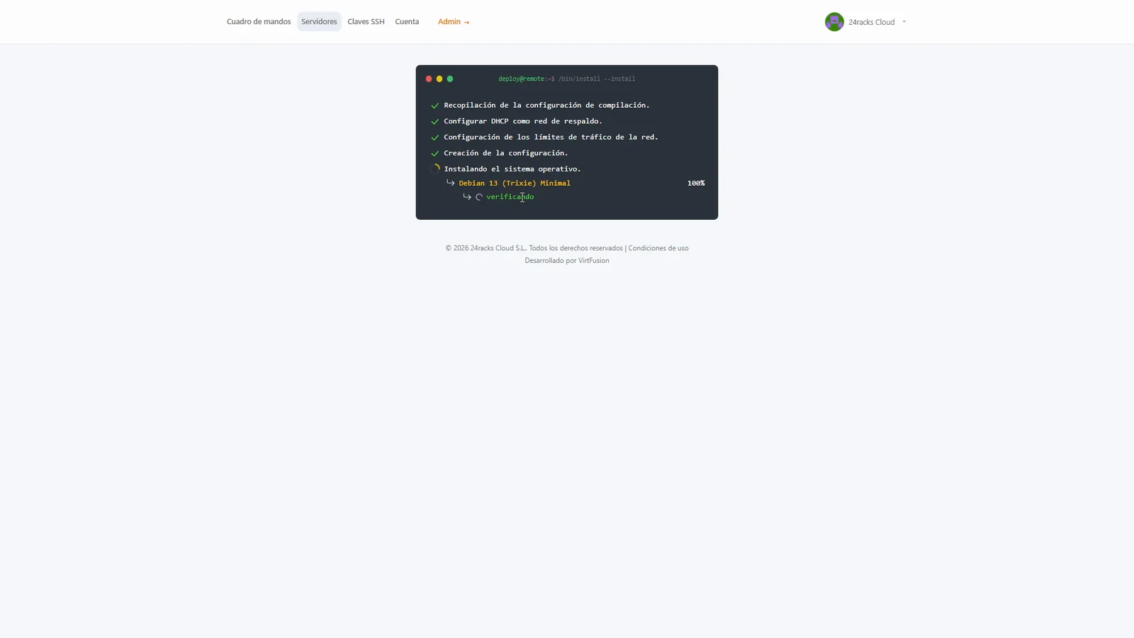 Paso 3: terminal con la autoinstalación en curso: Debian 13 (Trixie) Minimal al 100%, verificando