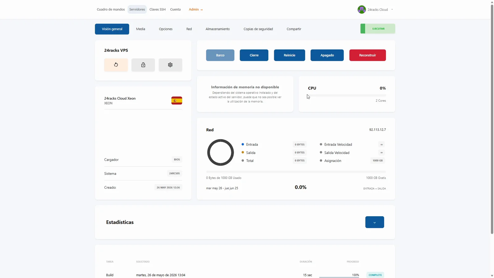 Paso 4: dashboard del VPS operativo con CPU, red y tarea Build COMPLETE