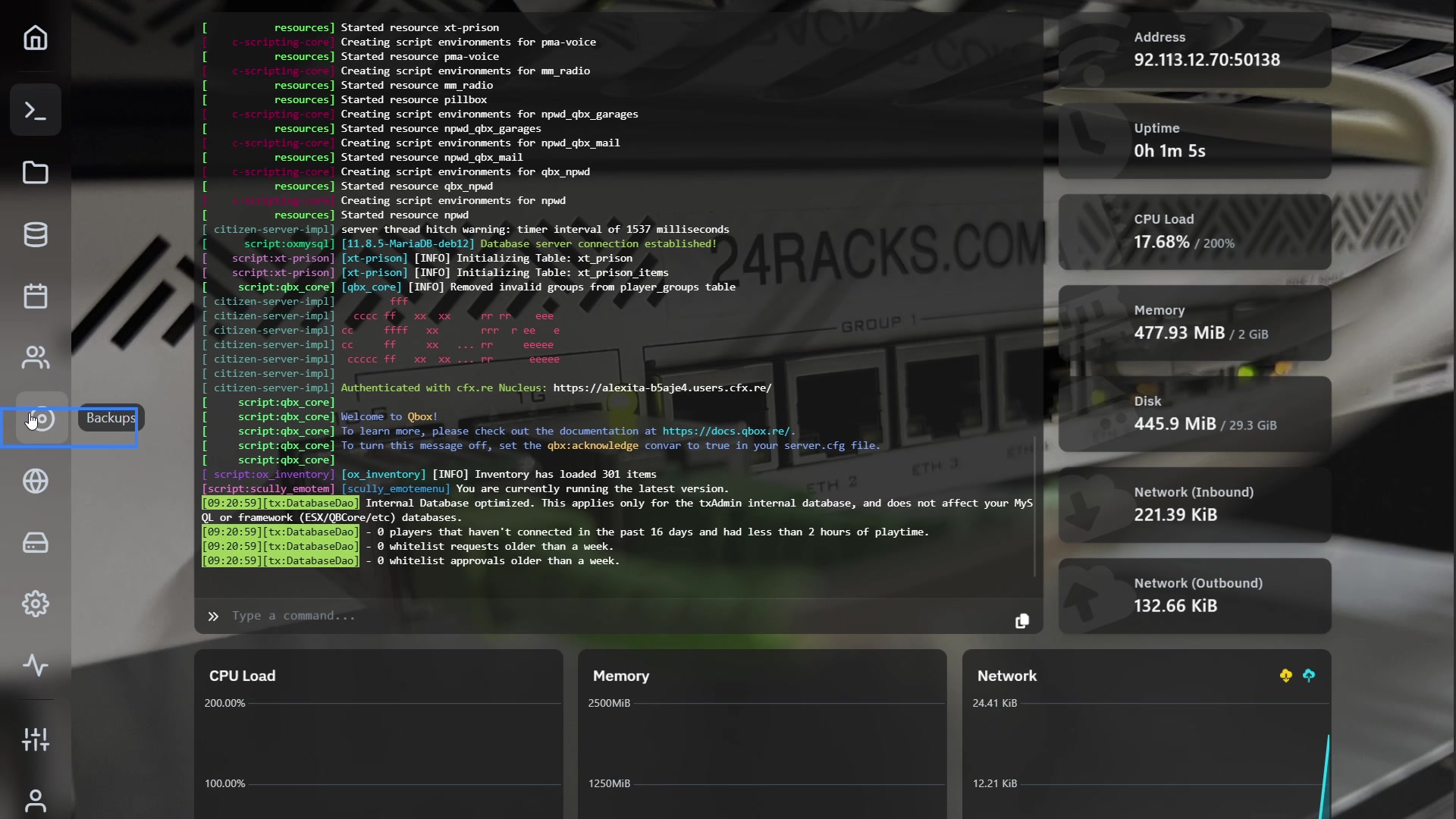 Panel de juegos con el icono de Backups destacado en azul en la barra lateral izquierda