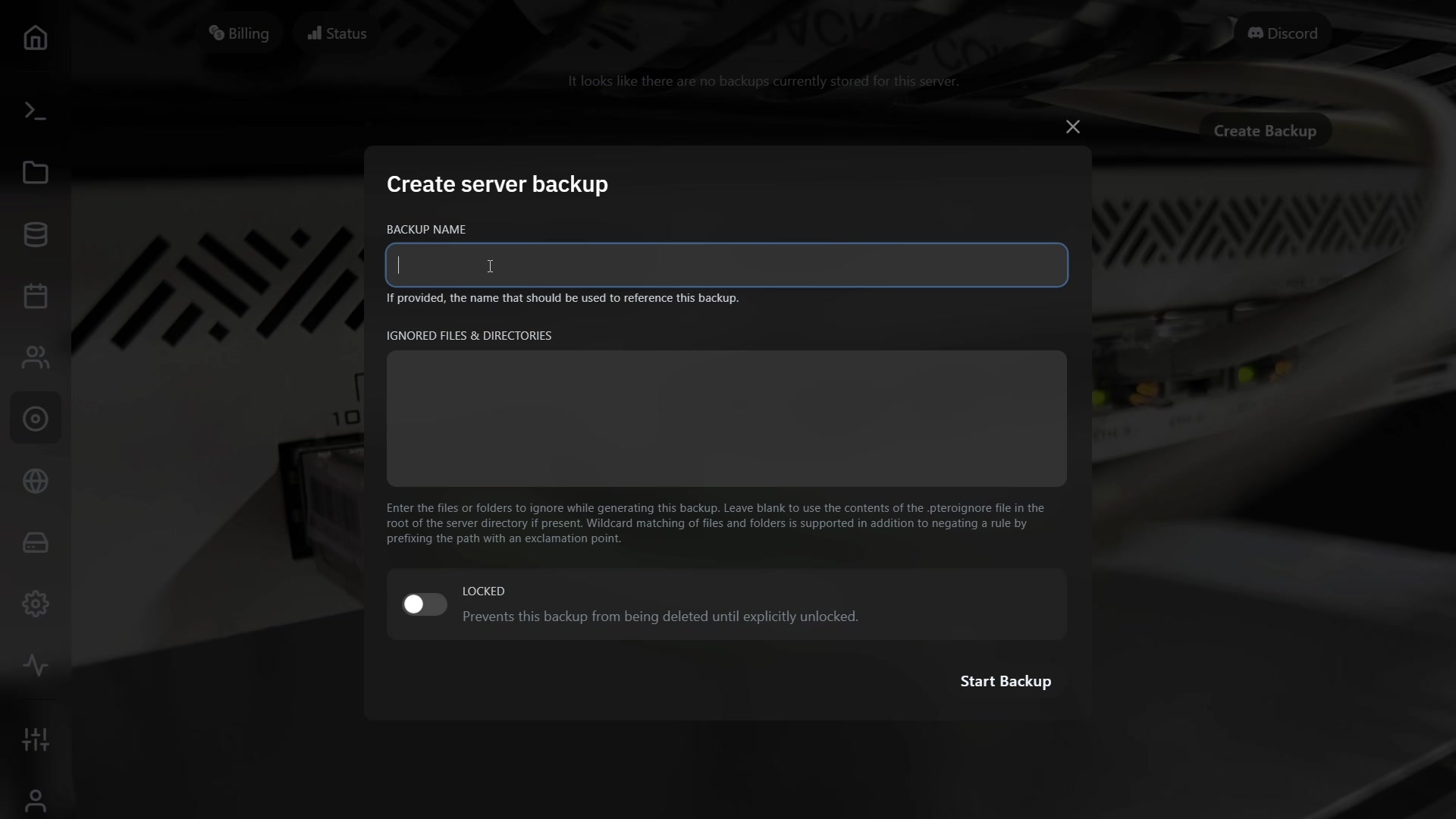 Formulario Create server backup con los campos Backup Name e Ignored Files and Directories