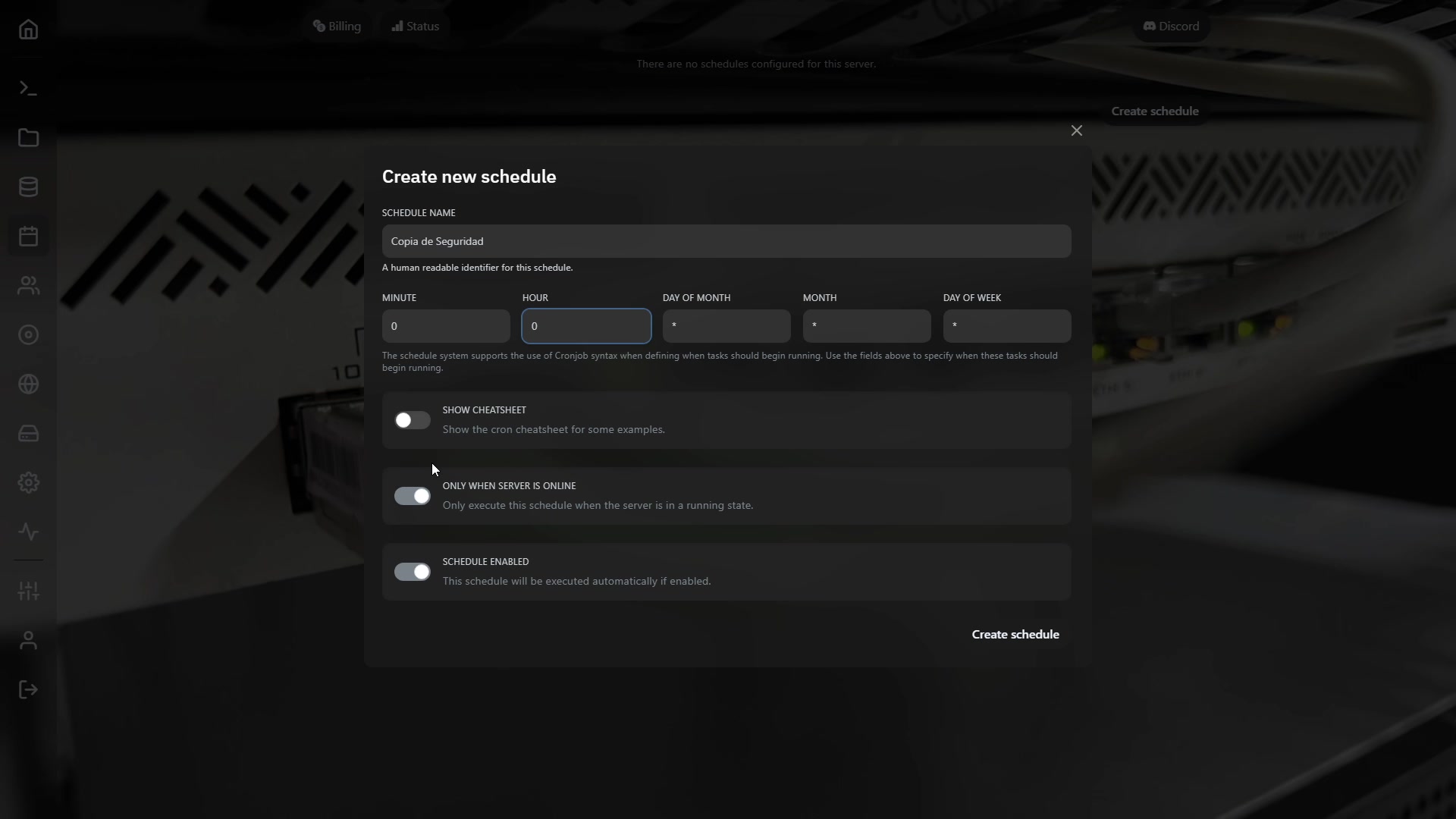 Formulario Create new schedule con el nombre Copia de Seguridad y los campos Minute y Hour a 0