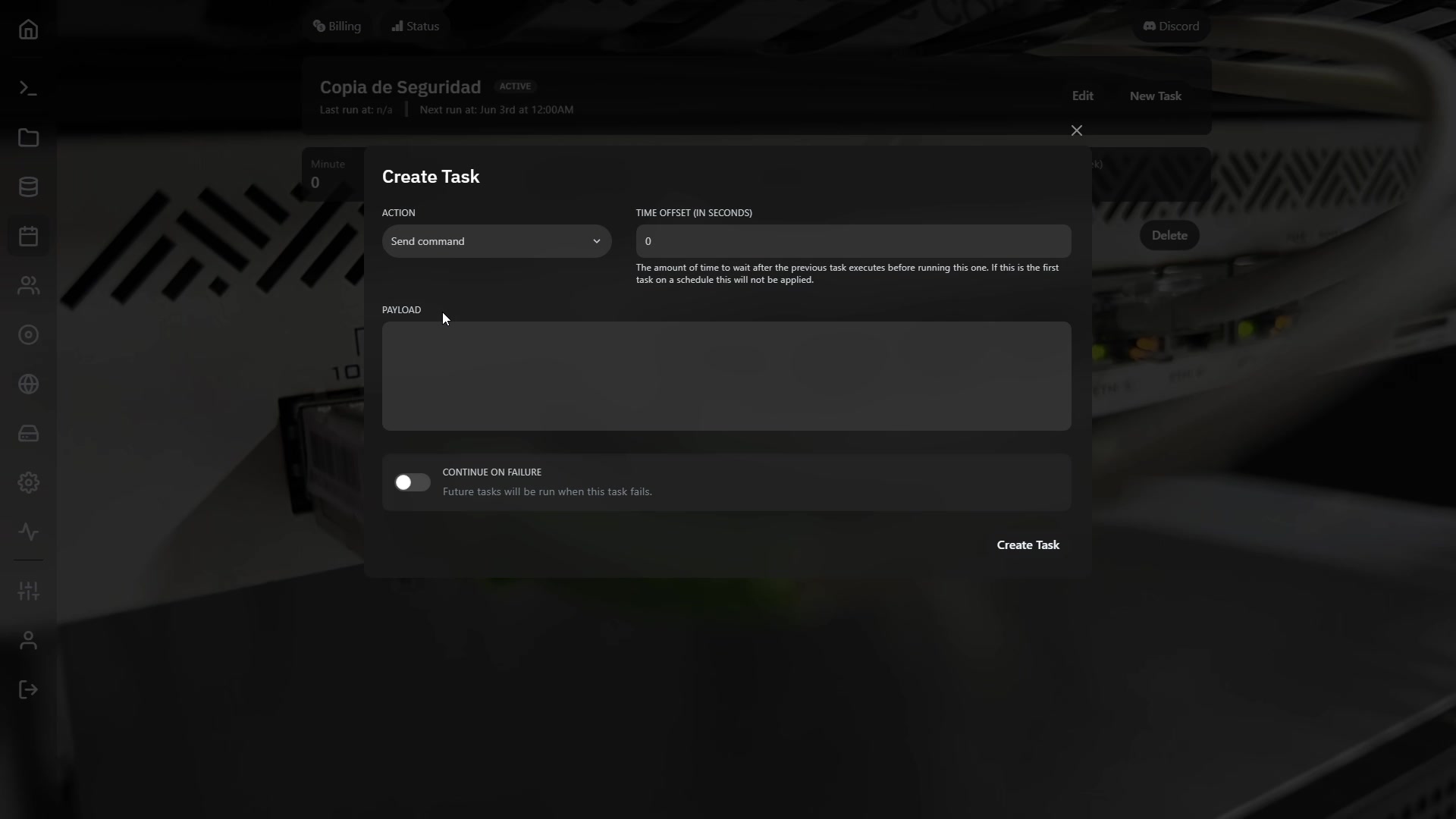 Diálogo Create Task con el desplegable ACTION mostrando Send command antes de seleccionar Create backup